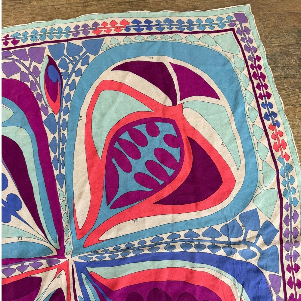 Emilio Pucci Vintage Silk Scarf Psychedelic Butterfly Geometric Purple Blue Pink - Picture 13 of 16